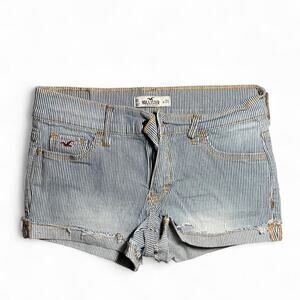 y2k Hollister Co. blue and white striped denim shorts with distressed details